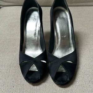 Stuart Weitzman satin black Peep toe pumps size 9
